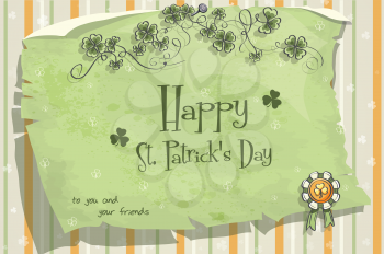 Postcard to the day of St. Patrick with clover leaves and bow