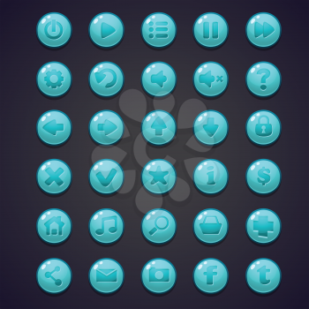 Set of blue round buttons for the user interface of computer games and web design