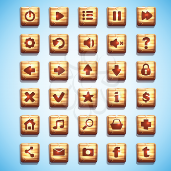 Large set of wooden square buttons for the user interface of computer games and web design