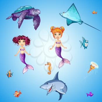 Set of cartoon underwater inhabitants, mermaids, fish, skulls and other