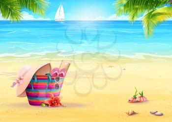 Summer illustration with a beach bag in the sand against the sea and white sailboat