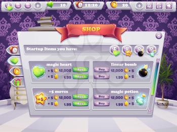 Example of shop window for a computer game. Selling items,  boosters