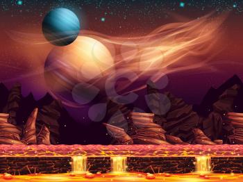 Illustration of a fantastic landscape of the red planet, horizontal seamless texture for the game design