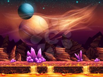 Illustration of a fantastic landscape of the red planet with purple crystals, horizontal seamless texture for the game design