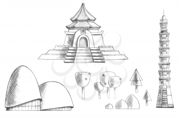 Sketch collection of buildings, temples, trees, plants Taiwan. Asia.