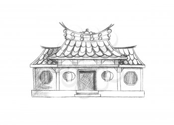 Sketch of Taiwan temple. Asia.