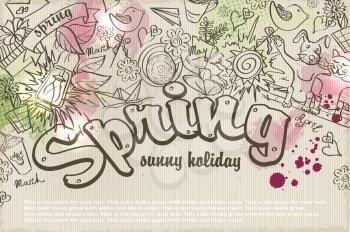 Vector background on a spring theme of doodles and watercolor stains