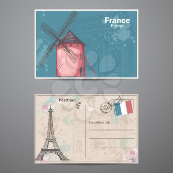 A set of two sides of a postcard on the theme of Paris in France. Postcard 2