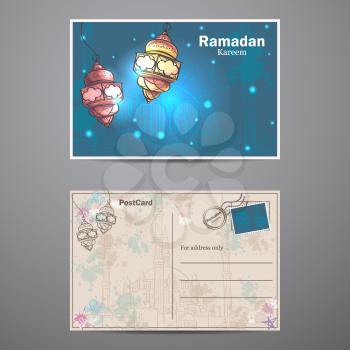 A set of two sides of a postcard to Ramadan Kareem. Lamps for Ramadan