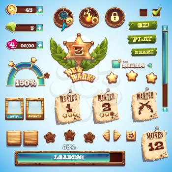 Big set of cartoon style elements for interface design in the game Wild West
