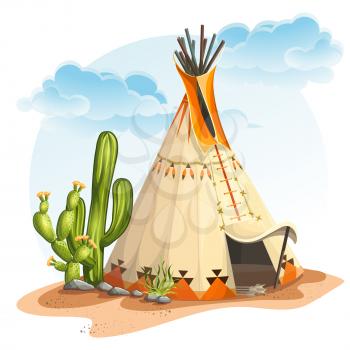 Illustration of the North American Indian tipi home with cactus and stones