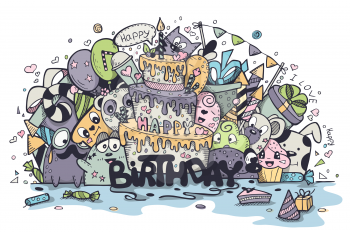 Illustration of greeting card to the birthday of the colored doodles. Set 3