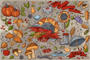 Big set of colored hand-drawn doodles on autumn theme