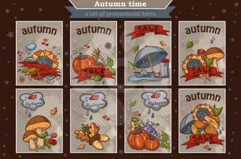 Big set of cards from the vertical colored doodles on the theme of autumn