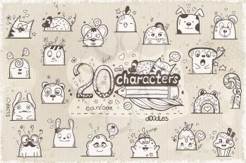Set of 20 hand-drawn characters in doodles