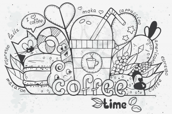 Illustration of vector doodles drawn by hand on the theme of time for coffee