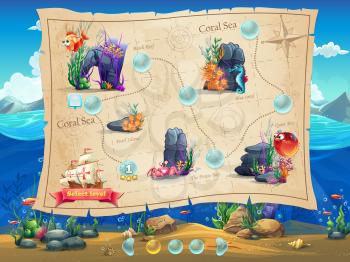 Fish World - Illustration example screen levels, game interface with progress bar, objects, buttons for gaming or web design