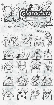 Set of 20 vector doodle hand-drawn cartoon characters