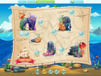 Fish World - Illustration example screen levels, game interface with progress bar, objects, buttons for gaming or web design