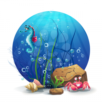 Illustration of underwater rocks with seahorse and crab