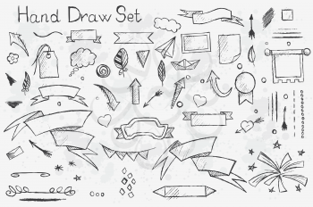 A hand-drown set on white background of pencil elements: arrows, brushes, banners etc with black outlines