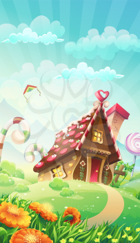 Cartoon candy house on the meadow - vector illustration