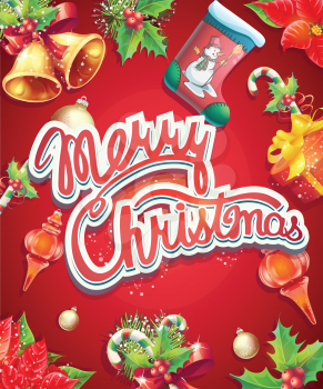 Greeting card with Christmas and New Year with the image of Christmas items