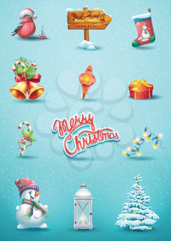 set of Christmas elements with the toy, rowan, Schlumberger, snowman, Christmas tree, pointer, candy, a flashlight, a garland