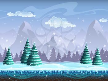 Seamless cartoon winter landscape background endless ice, snow hills, mountains, clouds, sky