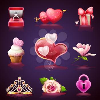 set illustrations colorful elements Valentines Day: ring, flowers, heart, gifts