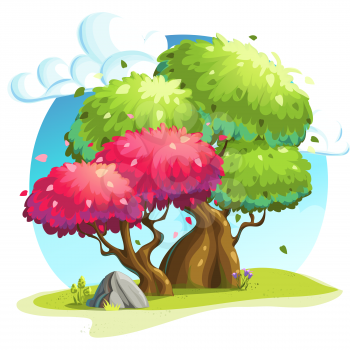 illustration colorful trees under the clouds