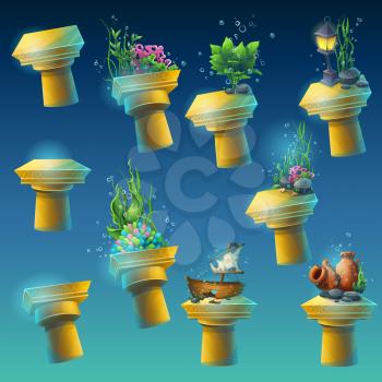 Big set of antique columns with different elements of the algae, corals, sunken ship, amphora, lantern, flowers. To create original video or web games, graphic design, screen savers.