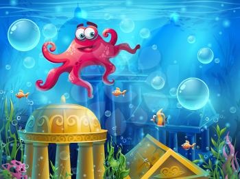 Atlantis ruins cartoon octopus - vector background  illustration screen to the computer game. Bright background image to create original video or web games, graphic design, screen savers.