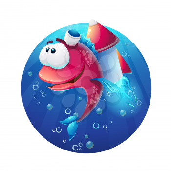 Underwater cartoon funny fish with rocket. For video or web games, graphic design, printing, books, magazines.