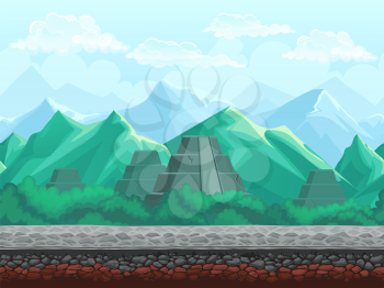 Vector illustration seamless background of the pyramid in the emerald mountains. For mobile game user interface, newsletters, brochures, ads, business cards, greeting cards, catalogs, reports, flyers.