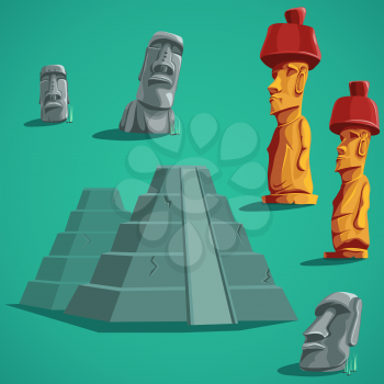 Vector illustration set isolated elements of stones, statues, pyramids.  For mobile game user interface, newsletters, brochures, ads, business cards, greeting cards, catalogs, reports, flyers.