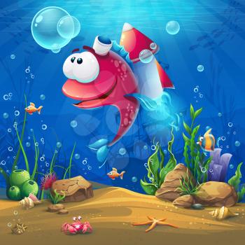 Undersea world with funny fish. Marine Life Landscape - the ocean and the underwater world with different inhabitants. For design websites and mobile phones, printing.