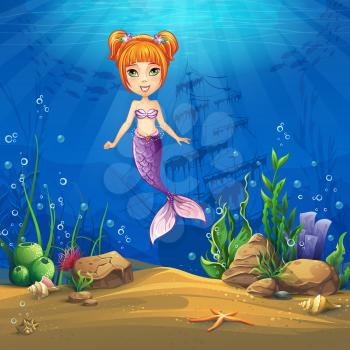 Undersea world with haired mermaid. Marine Life Landscape - the ocean and the underwater world with different inhabitants. For design websites and mobile phones, printing.