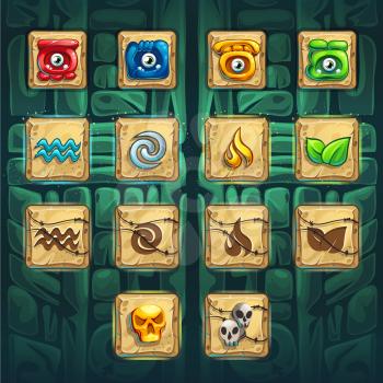 Jungle shamans GUI booster buttons set vector elements on creative background for computers game interface and web design