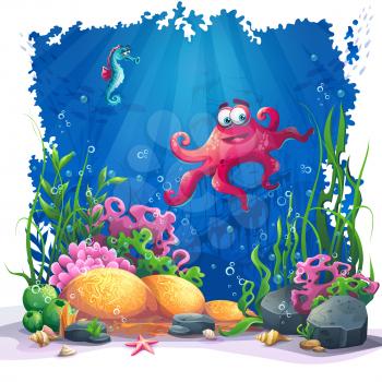 Beautiful octopus, coral and colorful reefs and algae on sand. Vector illustration of sea landscape.