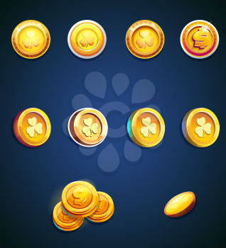 Set of cartoon coins for web, game or application interface. Modern vector illustration game art
