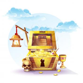 Chest of gold and a lantern in the sand under the blue clouds - vector illustration for design, banners, flyers, textures, backgrounds, postcards