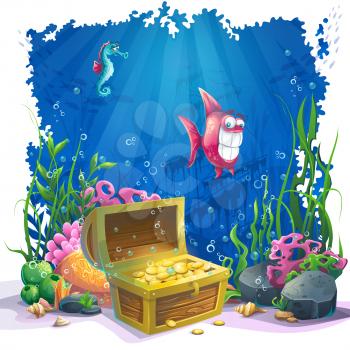 Beautiful coral and colorful reefs, fish and gold chest on sand. Vector illustration of sea landscape.