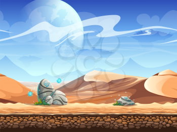 Seamless desert with stones and silhouettes of spaceships. For newspapers, magazines, web design, flyers, websites, printing