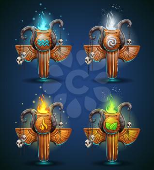 Set shaman totems - symbols of the four elements. The characters of the clan, tribe, vector illustration cartoon style. To create video games and web.