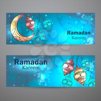 Colorful design is decorated with lamps and crescent moon horizontal banners on the creative background to celebrate the Islamic holiday of Ramadan Kareem