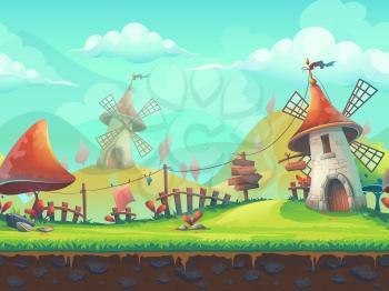 Seamless cartoon stylized vector illustration on the theme of the European landscape with a windmill. For print, create videos or web graphic design, user interface, card, poster.