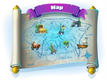 Atlantis ruins playing field - vector illustration level map screen to the computer game user interface on white background. Image to create original video or web games, graphic design, screen savers.