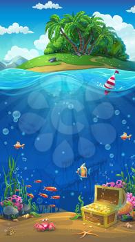 Undersea world with island mobile format. Marine life landscape - the ocean and the underwater world with different inhabitants. For design websites and mobile phones, printing.