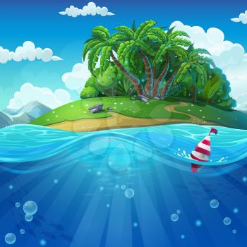 Undersea world with island. Marine life landscape - the ocean and the underwater world with different inhabitants. For design websites and mobile phones, printing.